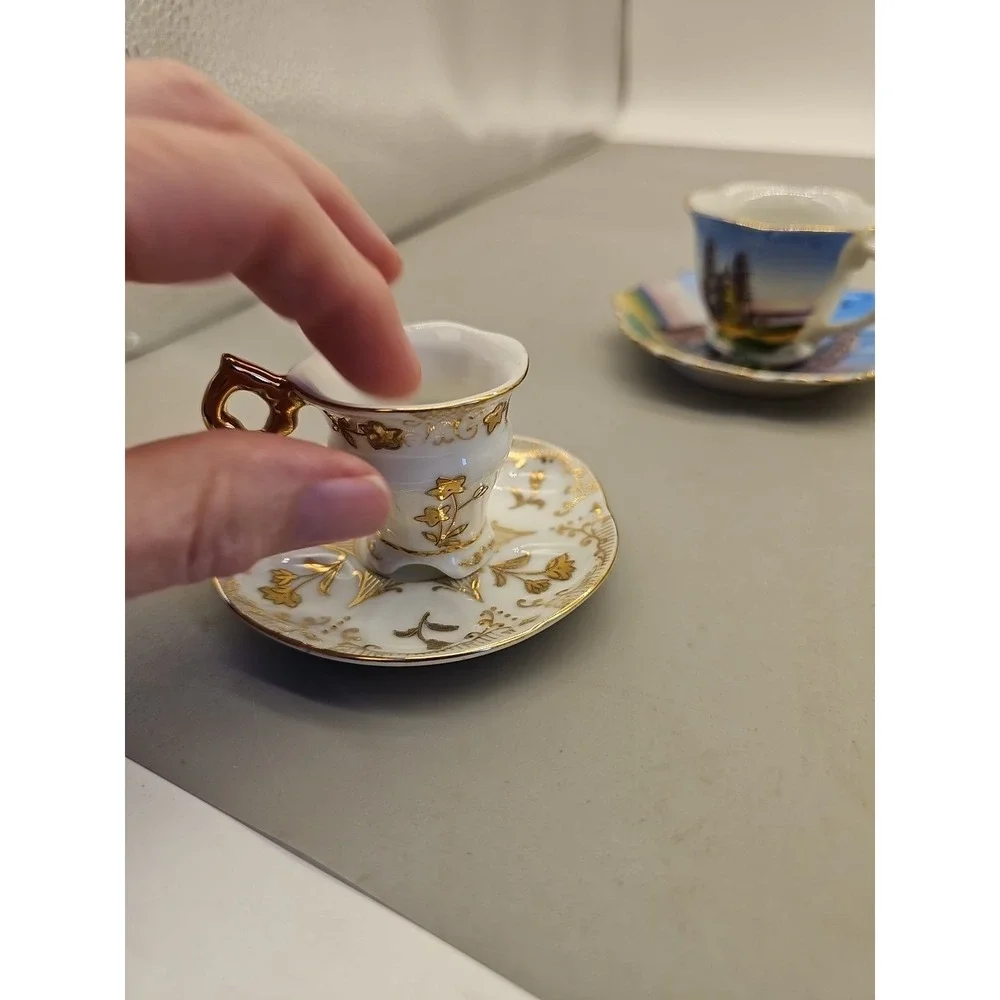 Vtg Souvenir Bone China Miniature Tea Cup &‎ Saucer, Gold on White Floral